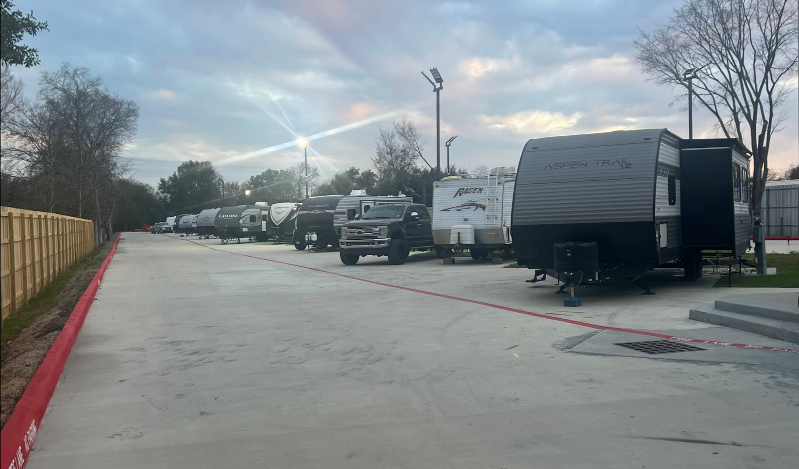 Organized paved RV spaces at Daniel’s RV Park in Baytown