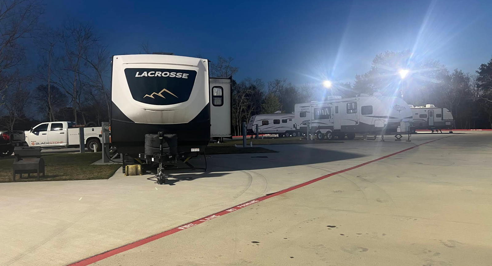 Daniel’s RV Park spaces illuminated at night